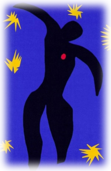 Abstract blue artwork with a black human figure and yellow star-like forms